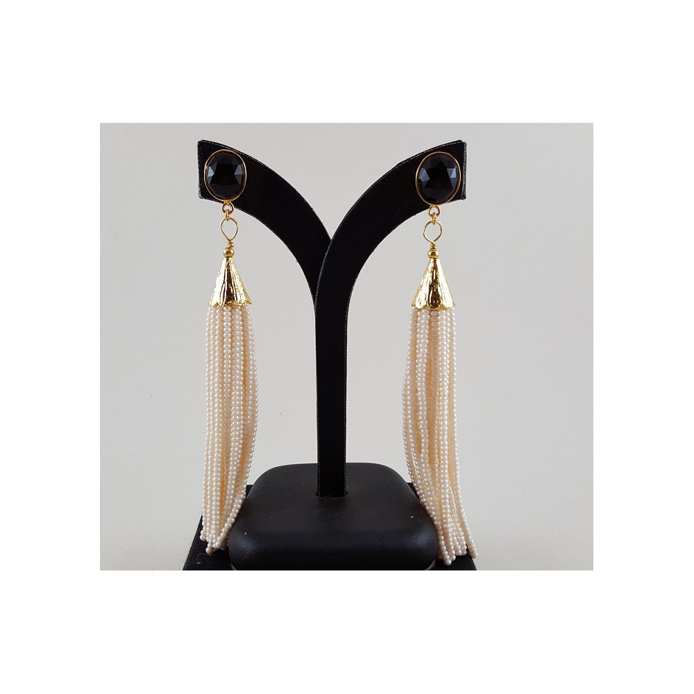 Gilded long earrings of pearl beads and smokey topaz