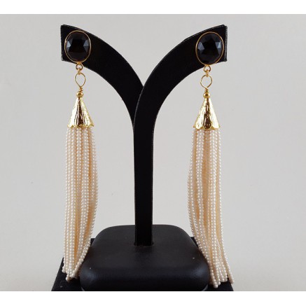 Gilded long earrings of pearl beads and smokey topaz