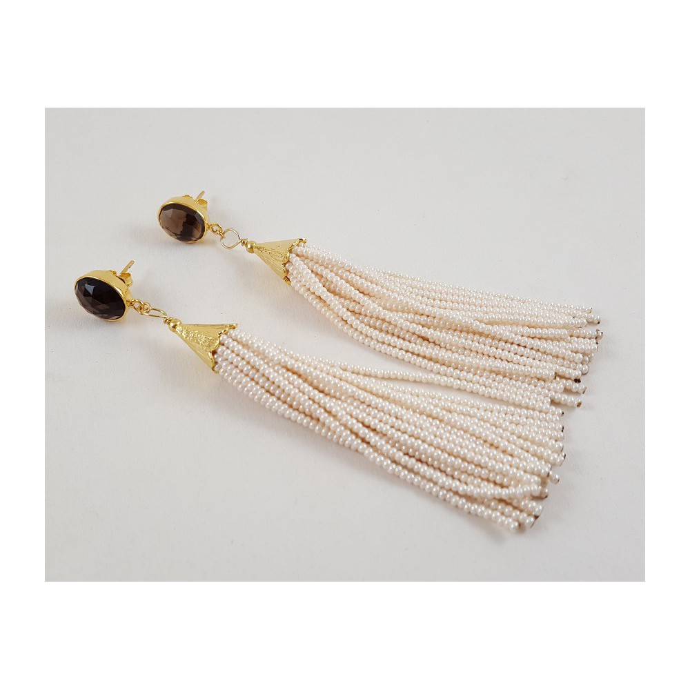 Gilded long earrings of pearl beads and smokey topaz