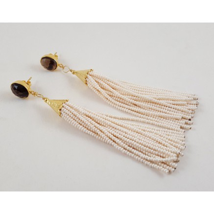 Gilded long earrings of pearl beads and smokey topaz