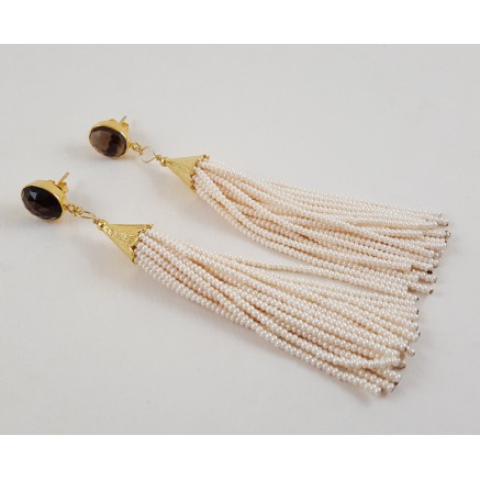 Gilded long earrings of pearl beads and smokey topaz