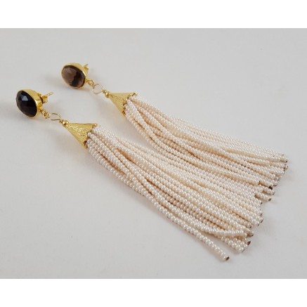 Gilded long earrings of pearl beads and smokey topaz