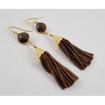 Gilded earrings with smokey topaz and pendant of brown beads