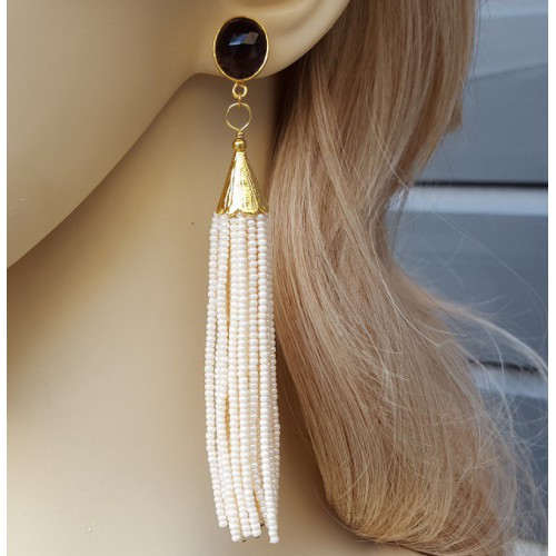 Gilded long earrings of pearl beads and smokey topaz