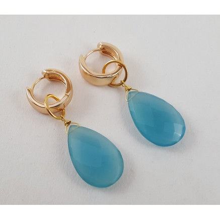 Gold Gilded Creoles With Blue Chalcedone Briolet