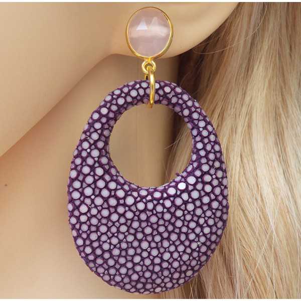 Gold plated earrings with pink Chalcedony and purple Roggenleer