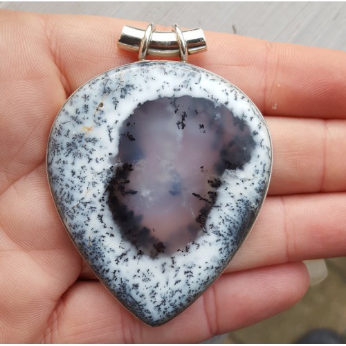 Silver pendant set with wide drop -shaped dendrite opal