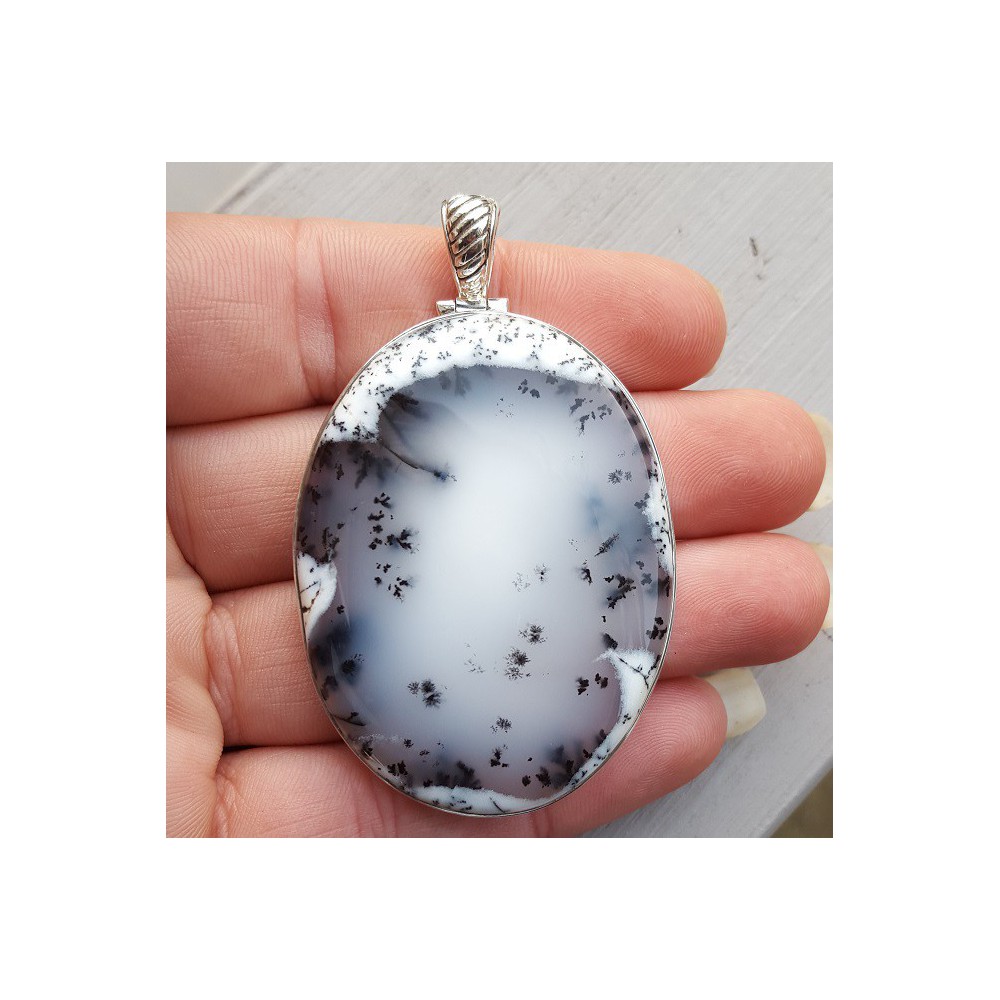 Silver pendant set with large oval Cabochon Dendriet Opaal