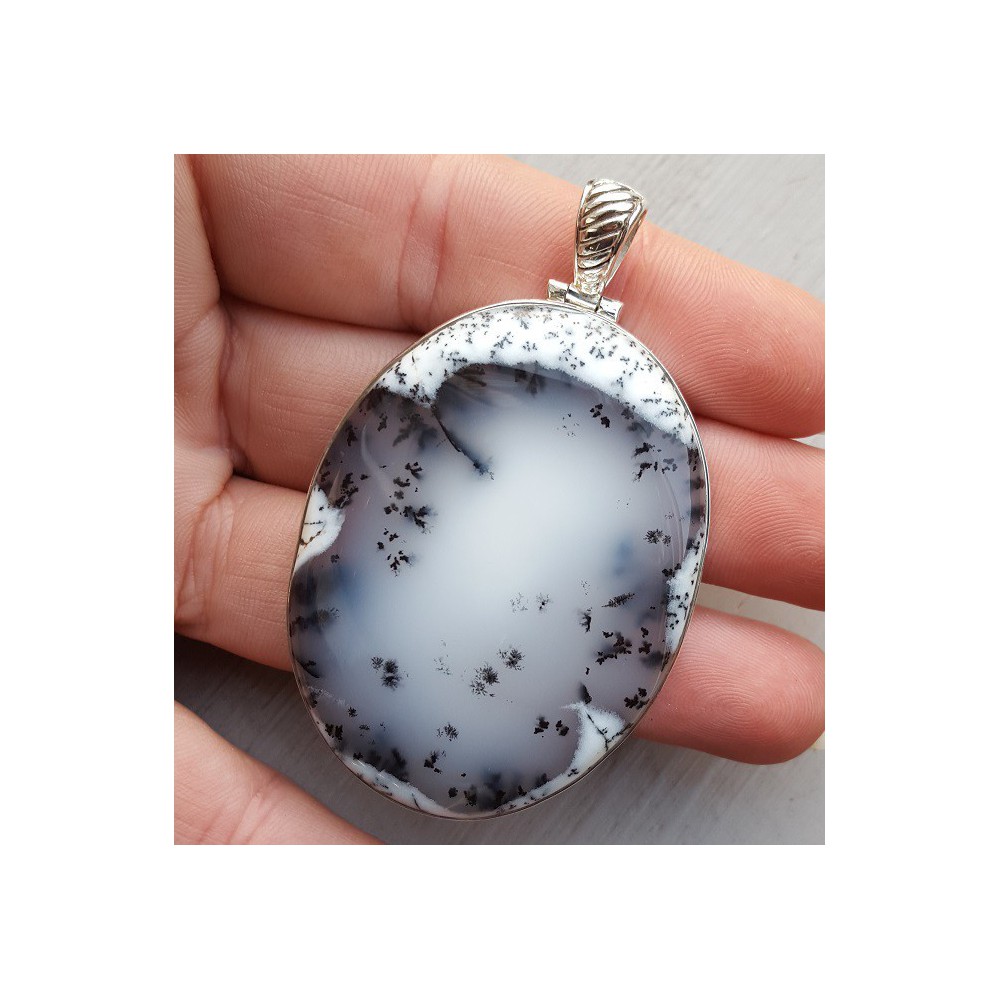 Silver pendant set with large oval Cabochon Dendriet Opaal