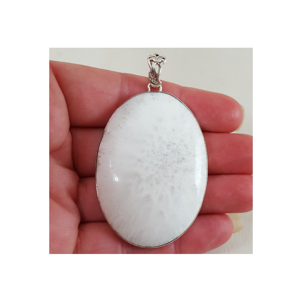 Silver pendant set with large wide oval scolecite