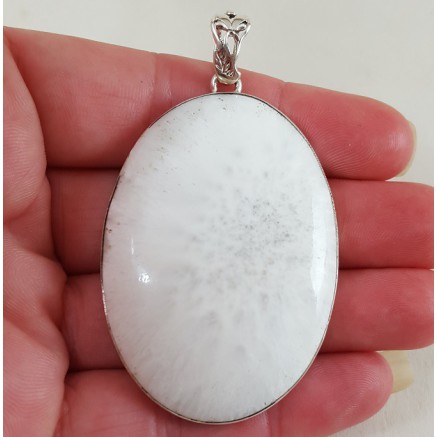 Silver pendant set with large wide oval scolecite