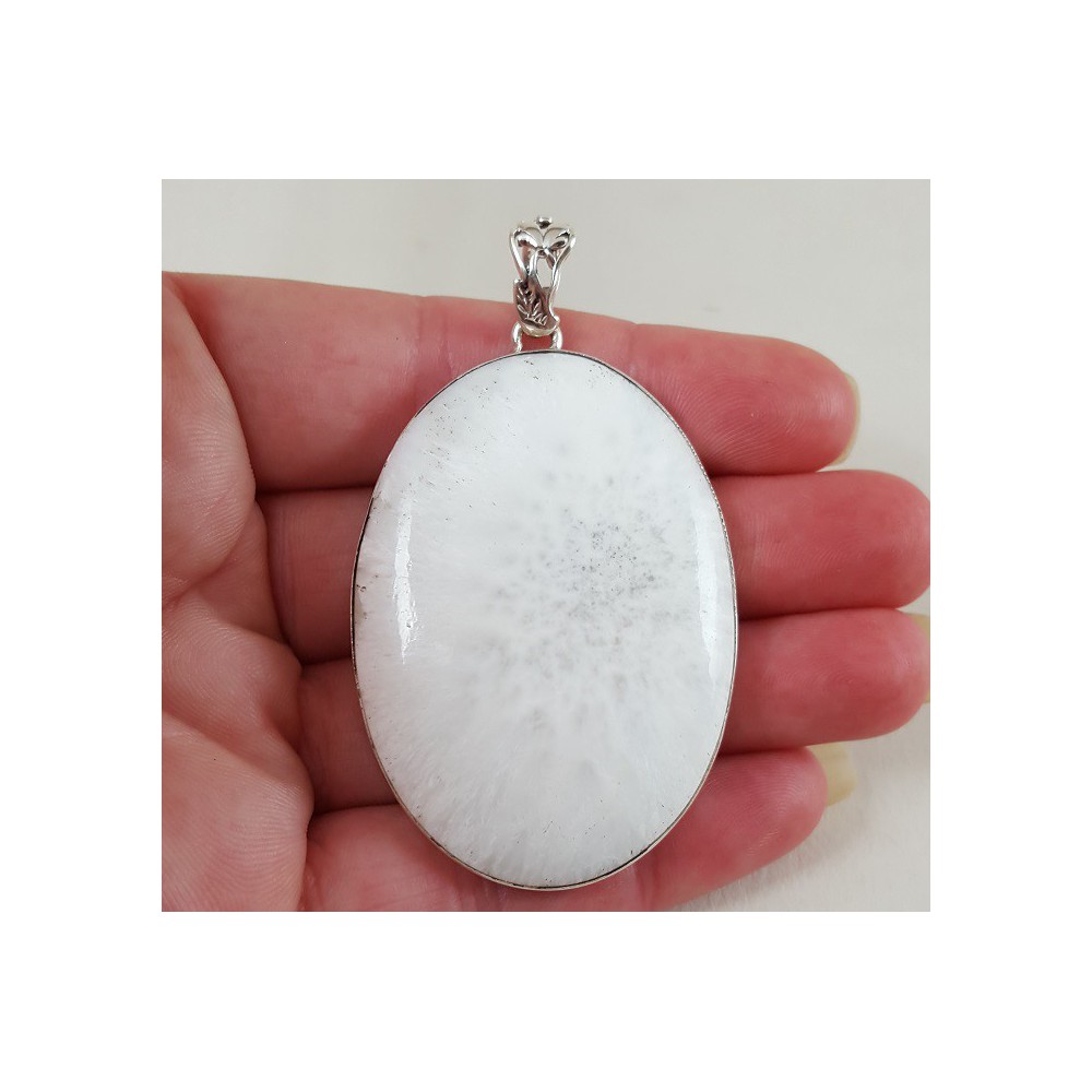 Silver pendant set with large wide oval scolecite