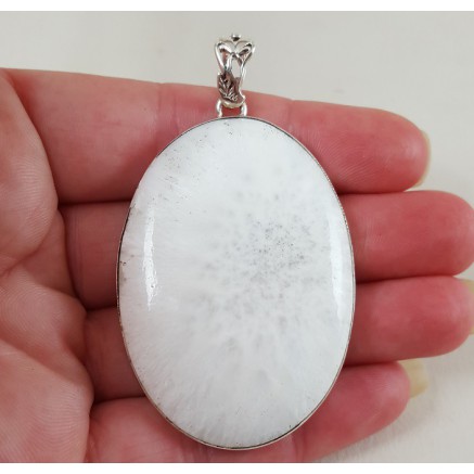 Silver pendant set with large wide oval scolecite