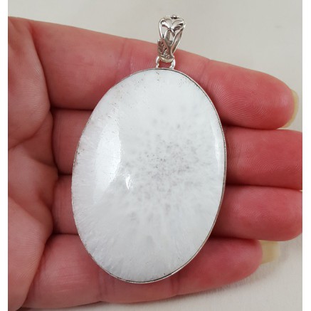 Silver pendant set with large wide oval scolecite