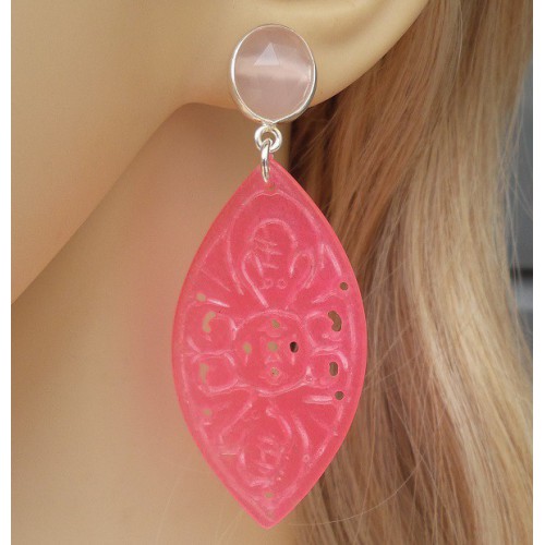 Silver earrings with pink chalcedony and cut pink jade