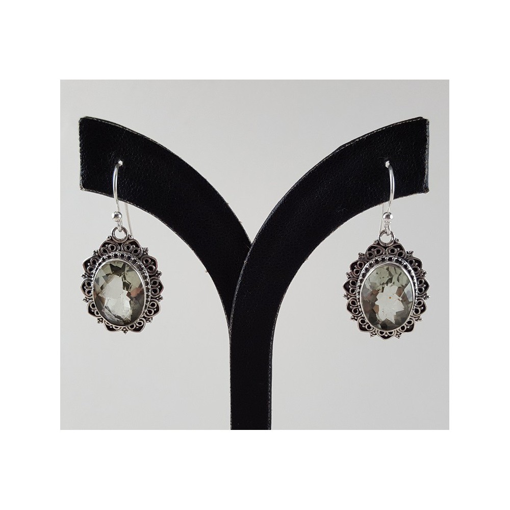 Silver earrings oval green amethist in edited setting