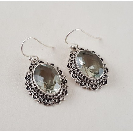 Silver earrings oval green amethist in edited setting