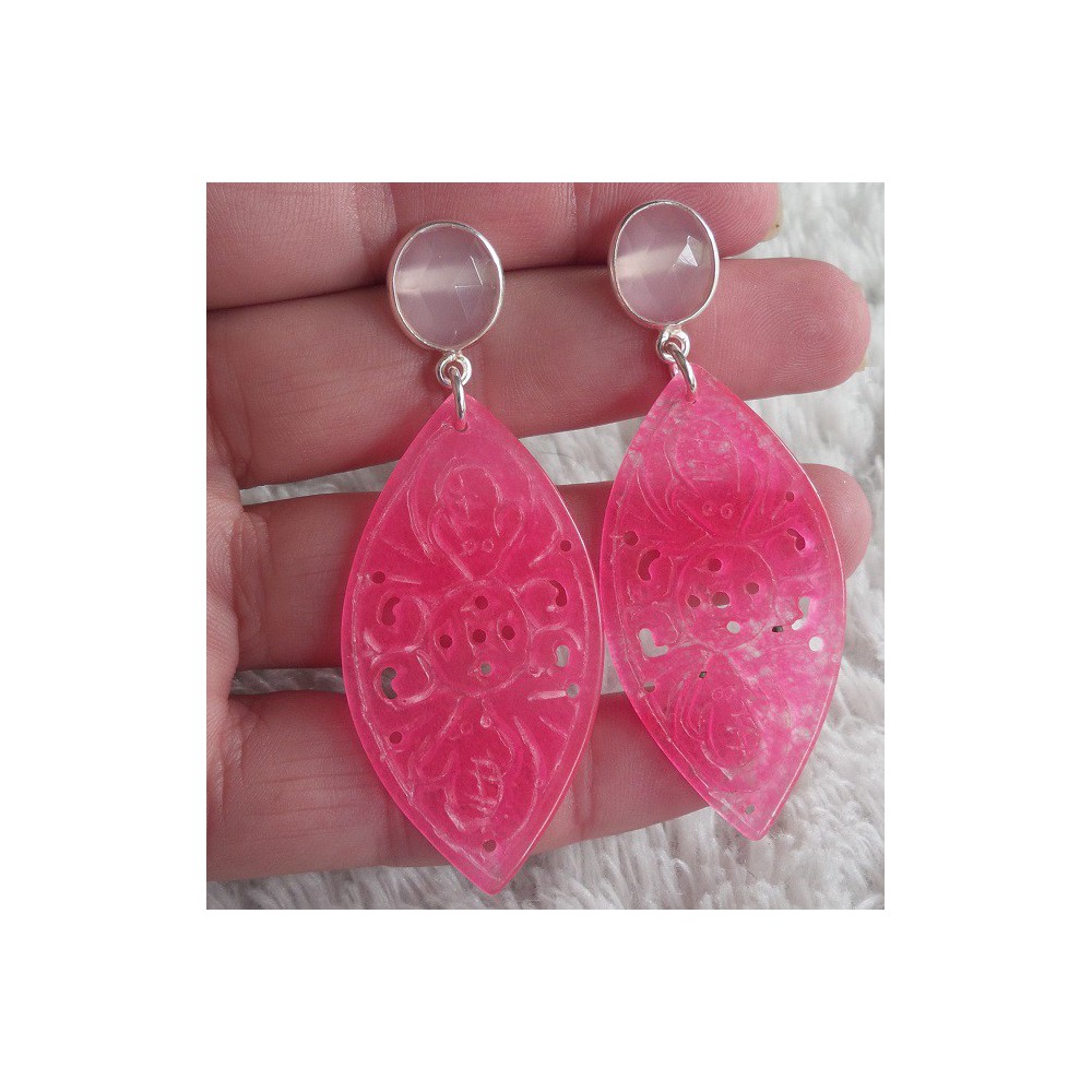 Silberohrringe mit rosa Chalcedony und Cut Pink Jade