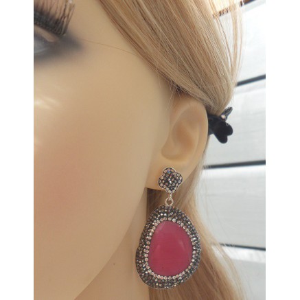 Silver earrings with pink cat eye and Swarovski crystals