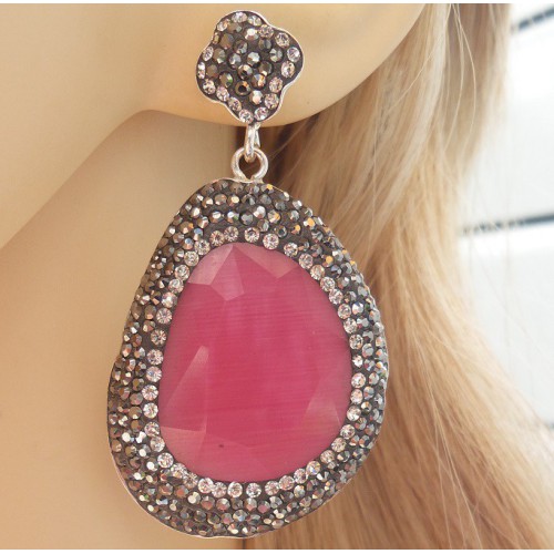 Silver earrings with pink cat eye and Swarovski crystals