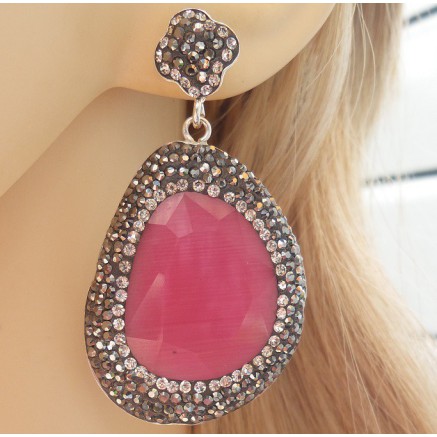 Silver earrings with pink cat eye and Swarovski crystals