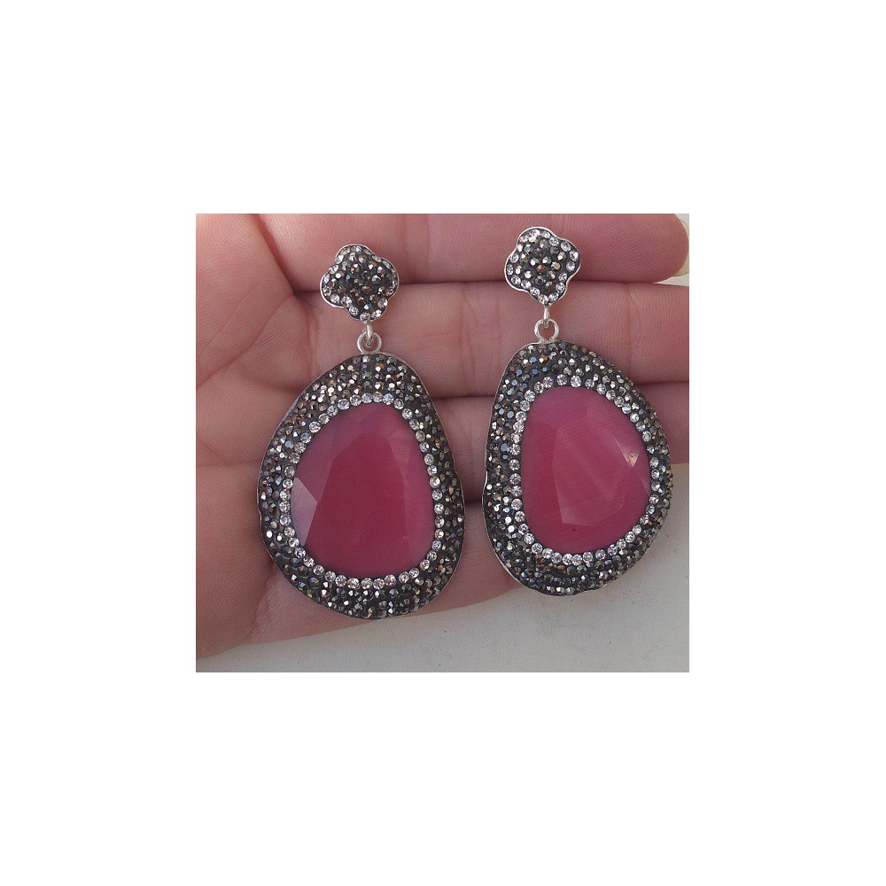 Silver earrings with pink cat eye and Swarovski crystals