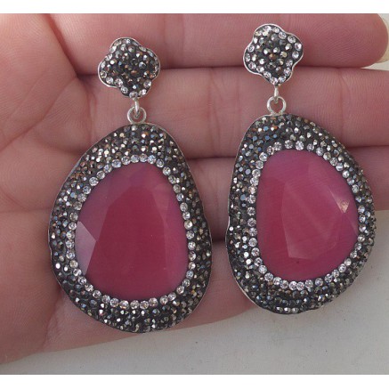 Silver earrings with pink cat eye and Swarovski crystals