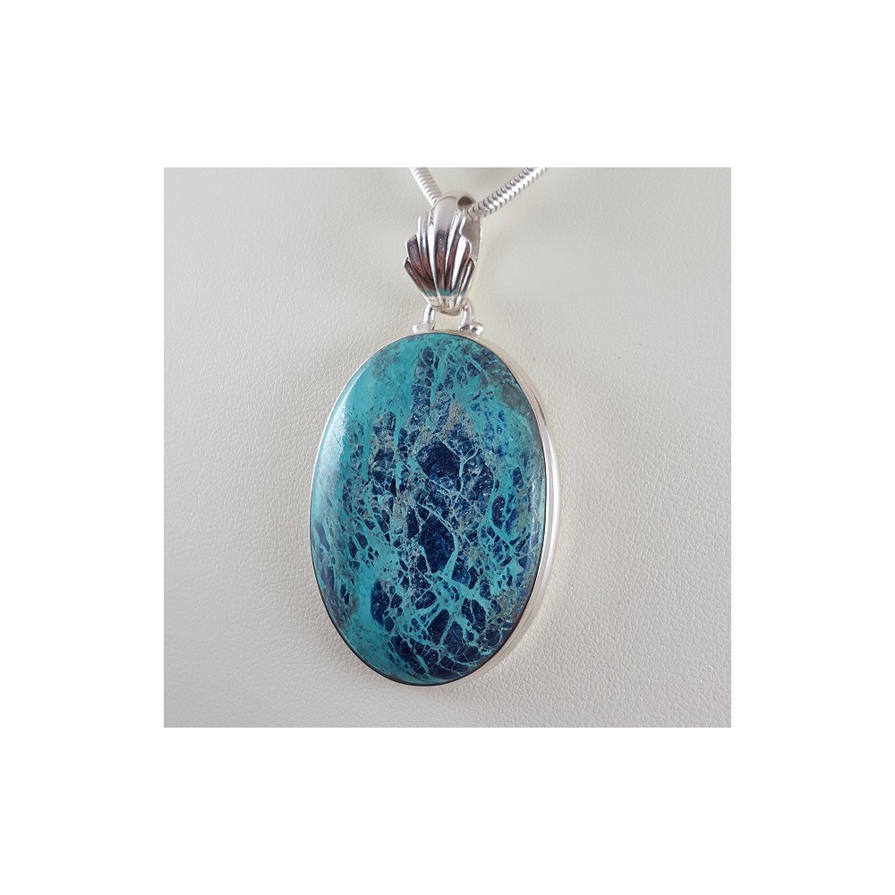 Silver gemstone pendant set with wide oval shahattuckite