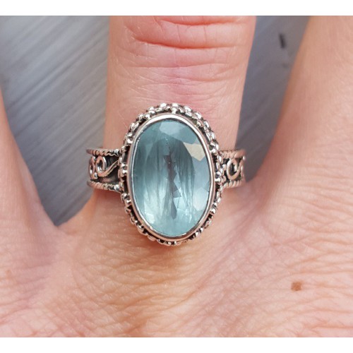 Silver ring with facet aquamarine set in edited setting 16.5