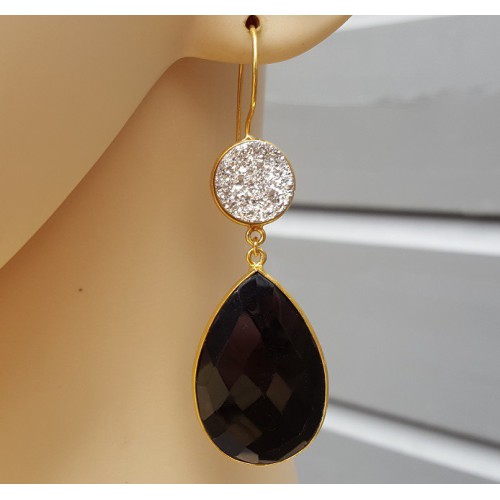 Gold vergoldete Ohrringe mit schwarzen Onyx und druzy Titanuim