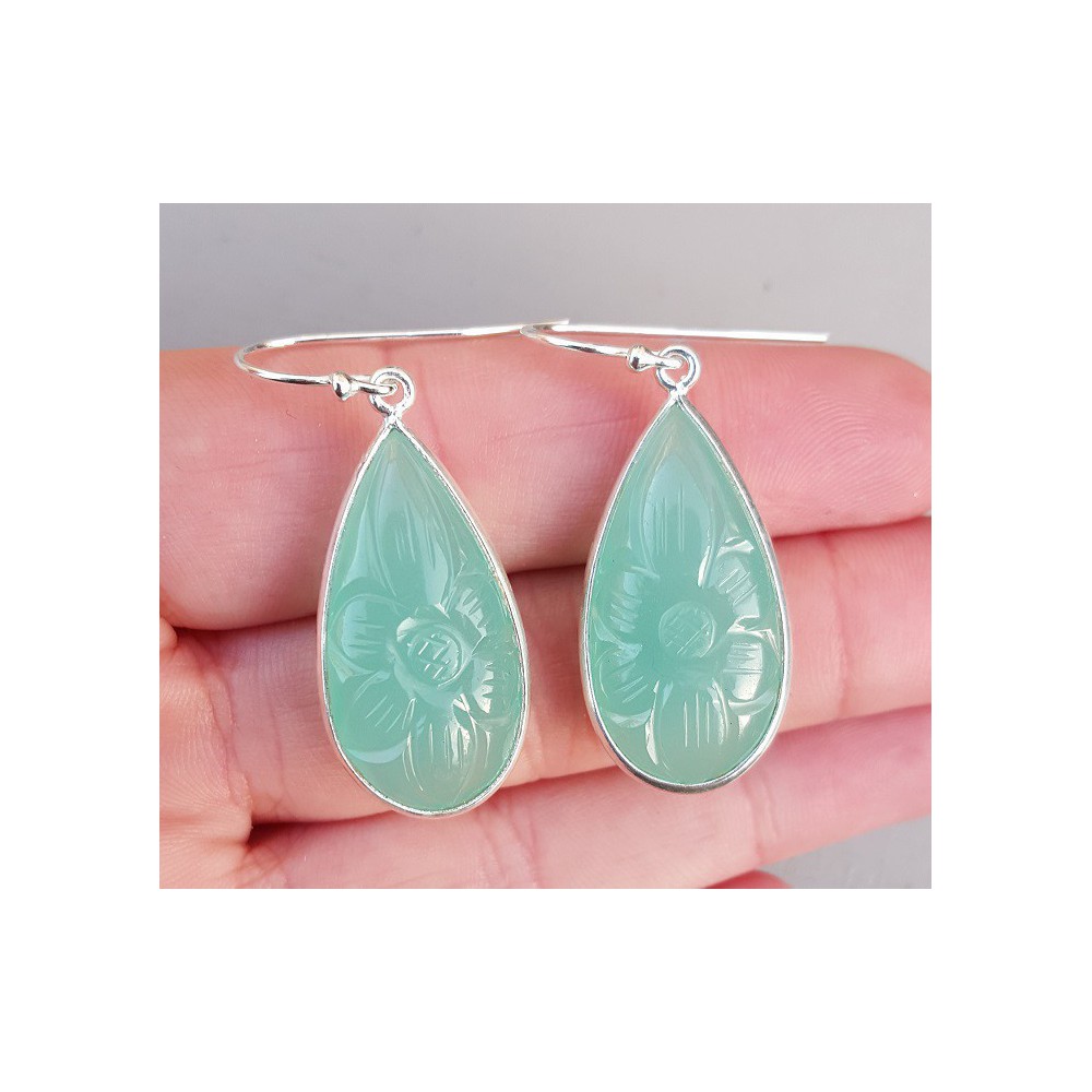 Silver earrings with cut aqua chalcedone