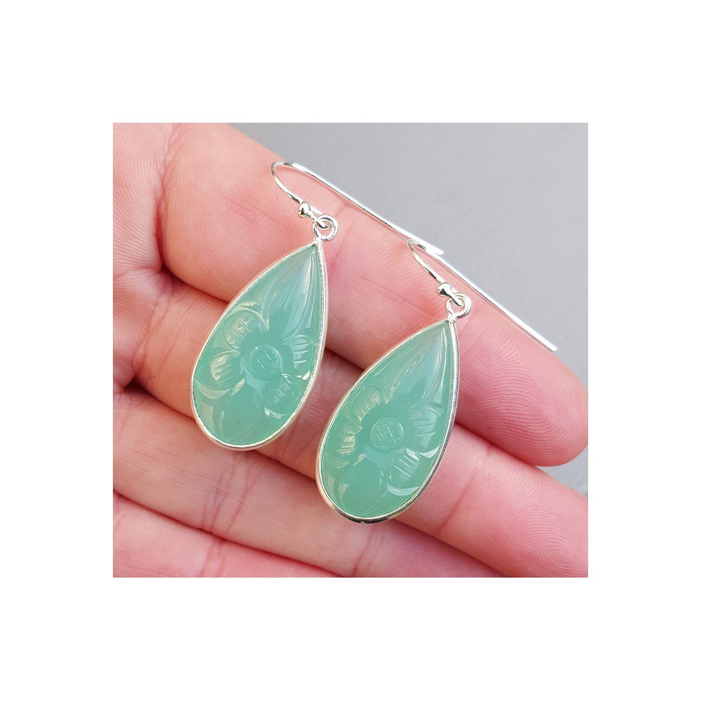 Silver earrings with cut aqua chalcedone