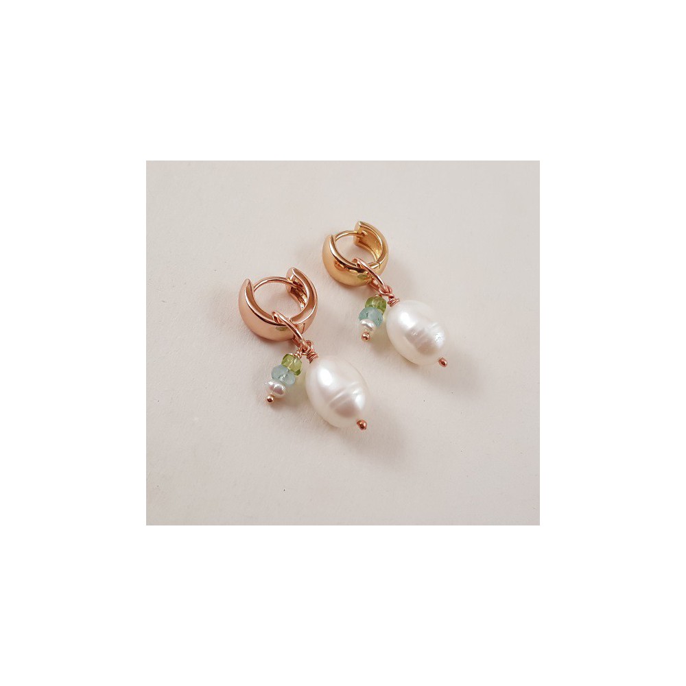 Rosé gilt creoles with freshwater pearl, peridot and topaz