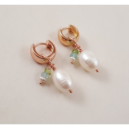 Rosé gilt creoles with freshwater pearl, peridot and topaz