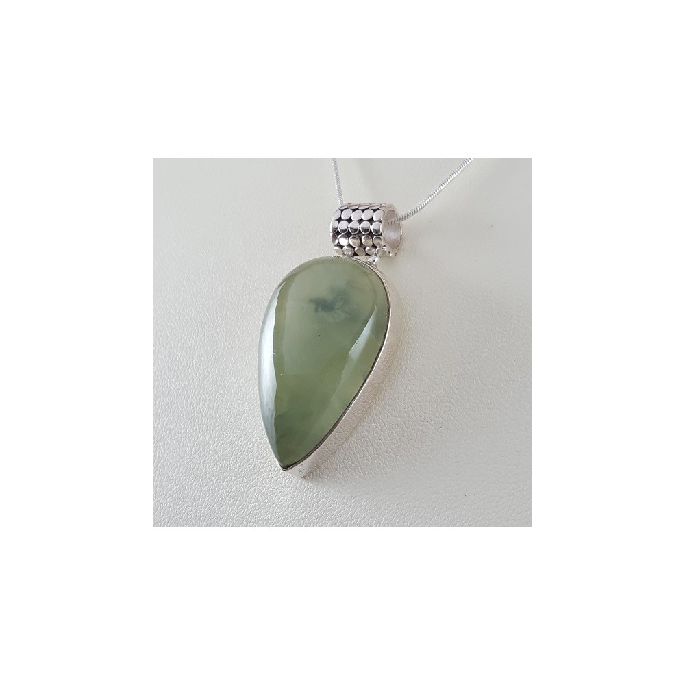 Silver pendant with drop -shaped Cabochon Prehniet