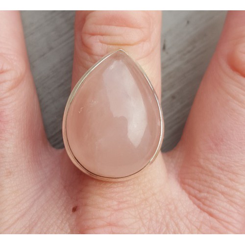 Silver ring with wide drop -shaped cabochon rose quartz 19 mm