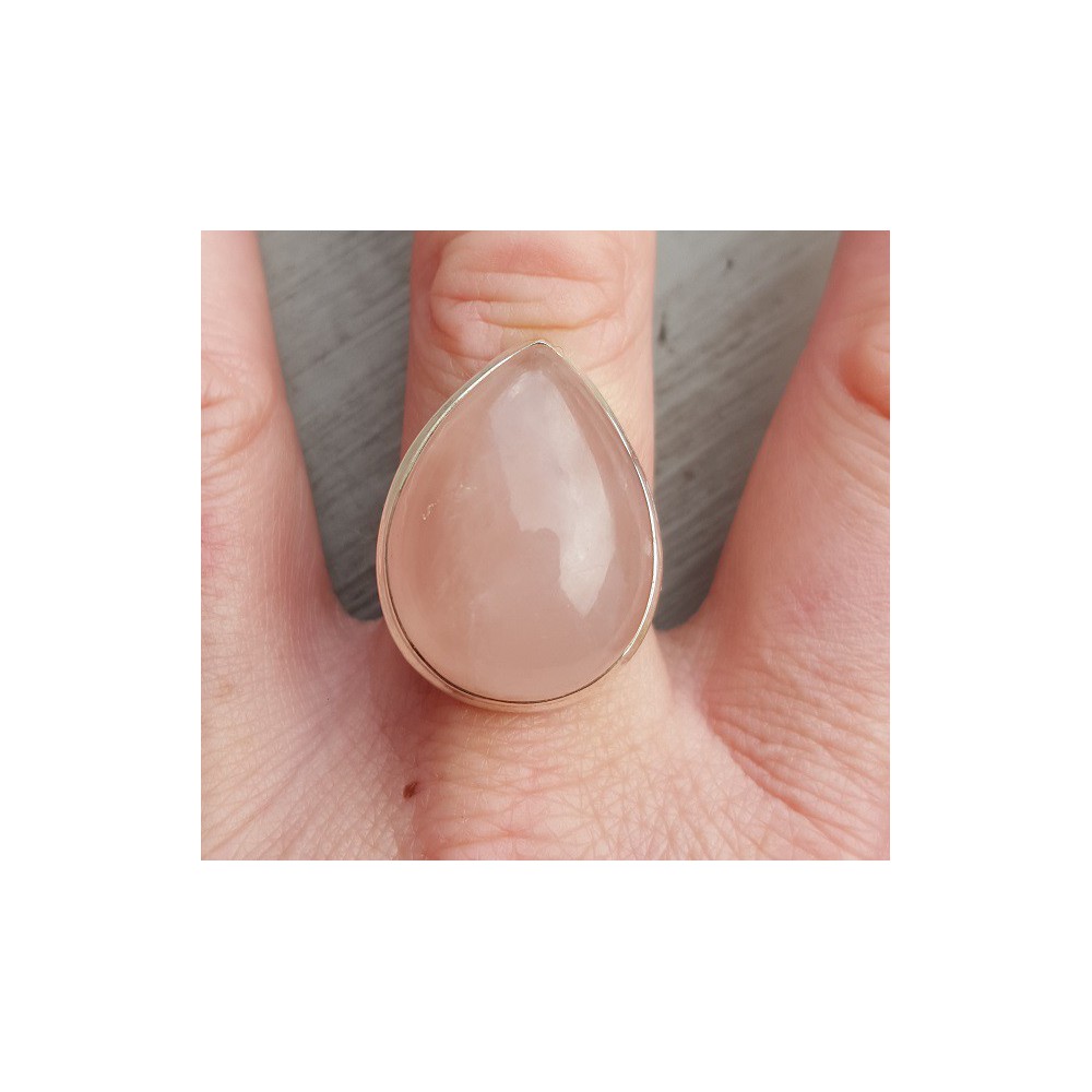 Silver ring with wide drop -shaped cabochon rose quartz 19 mm