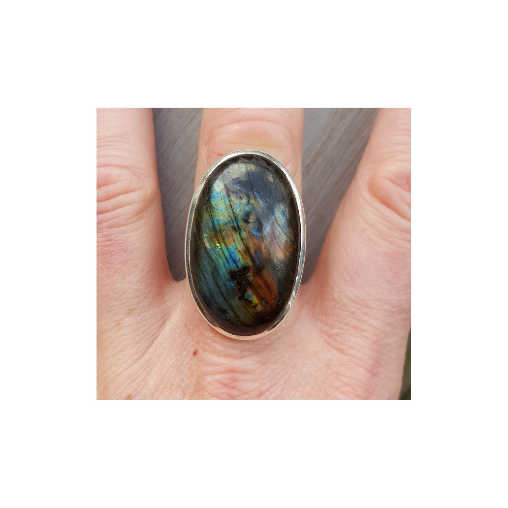 Silver ring set with large oval labradorite 17.5 mm