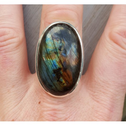 Silver ring set with large oval labradorite 17.5 mm