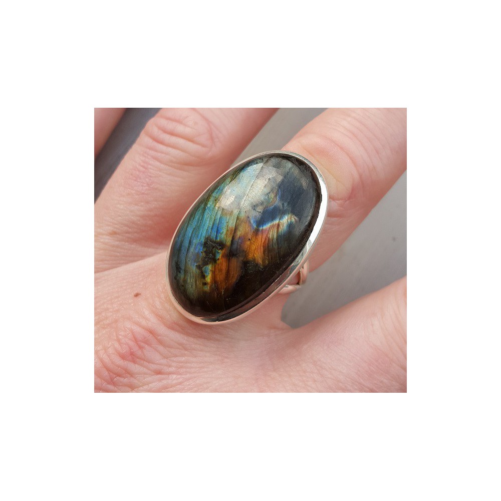 Silver ring set with large oval labradorite 17.5 mm