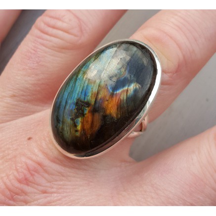 Silver ring set with large oval labradorite 17.5 mm