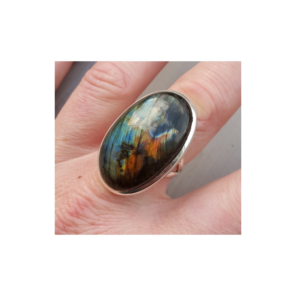 Silver ring set with large oval labradorite 17.5 mm