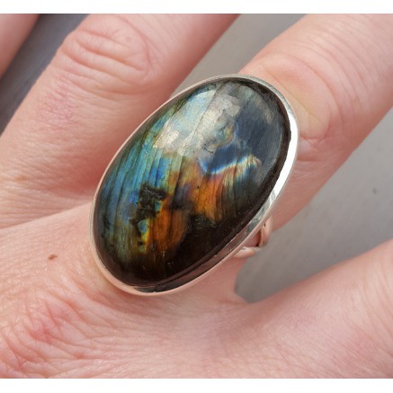 Silver ring set with large oval labradorite 17.5 mm