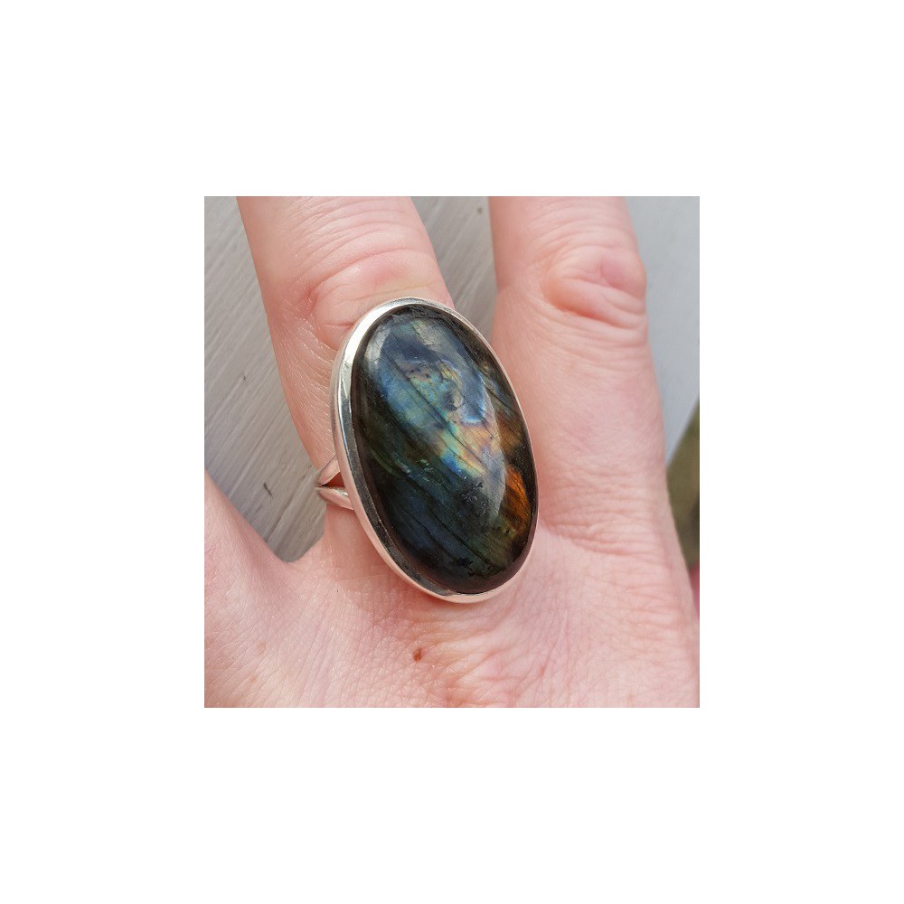 Silver ring set with large oval labradorite 17.5 mm