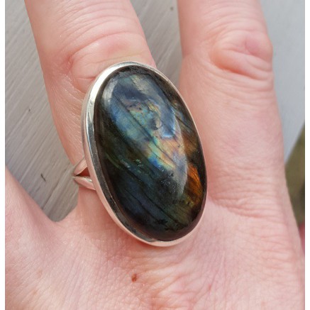 Silver ring set with large oval labradorite 17.5 mm