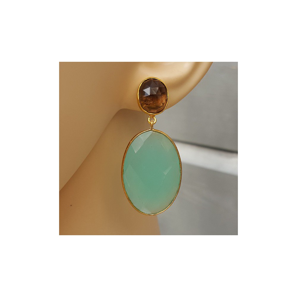 Gold gilded earrings with Aqua Chalcedone and Smokey Topaz