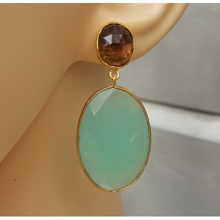 Gold gilded earrings with Aqua Chalcedone and Smokey Topaz