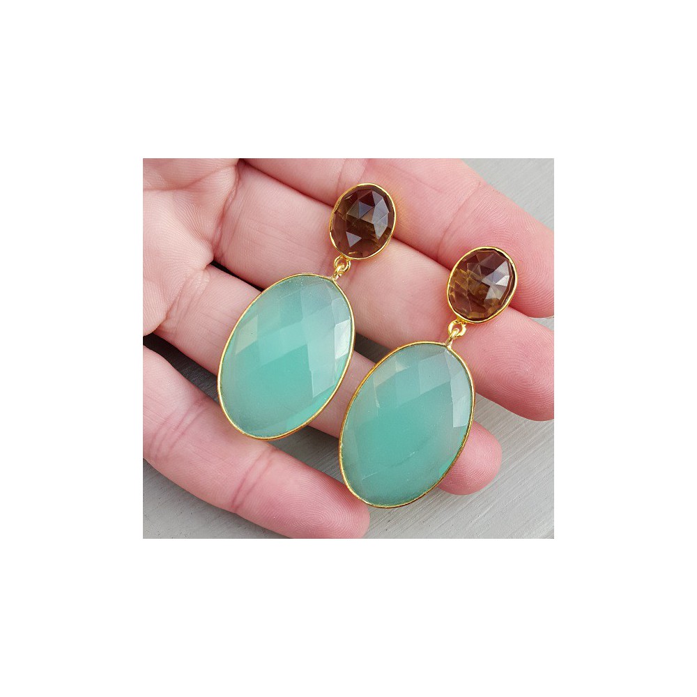 Gold gilded earrings with Aqua Chalcedone and Smokey Topaz