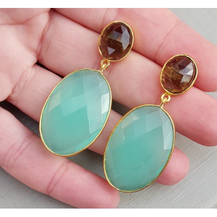 Gold gilded earrings with Aqua Chalcedone and Smokey Topaz