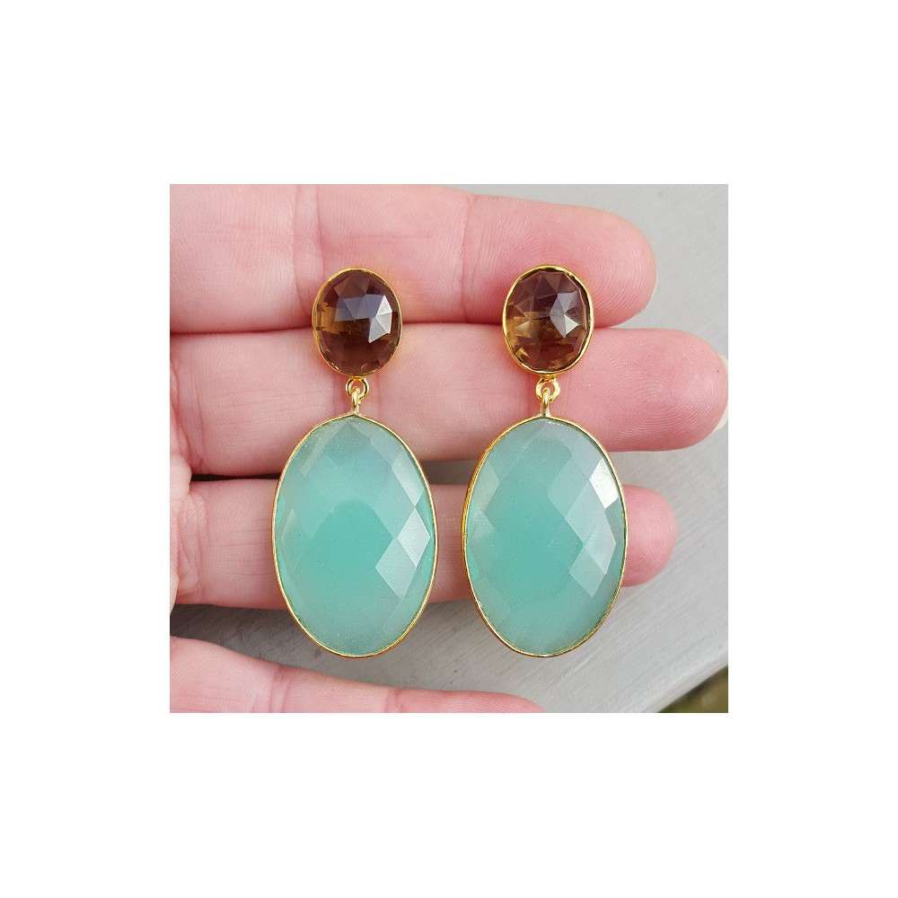 Gold gilded earrings with Aqua Chalcedone and Smokey Topaz